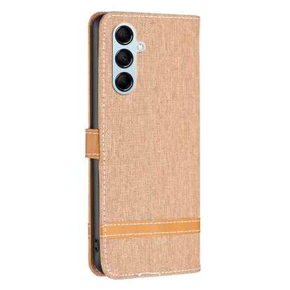 For Samsung Galaxy M14 5G Color Block Denim Texture Leather Phone Case(Brown) - Galaxy Phone Cases by buy2fix | Online Shopping UK | buy2fix