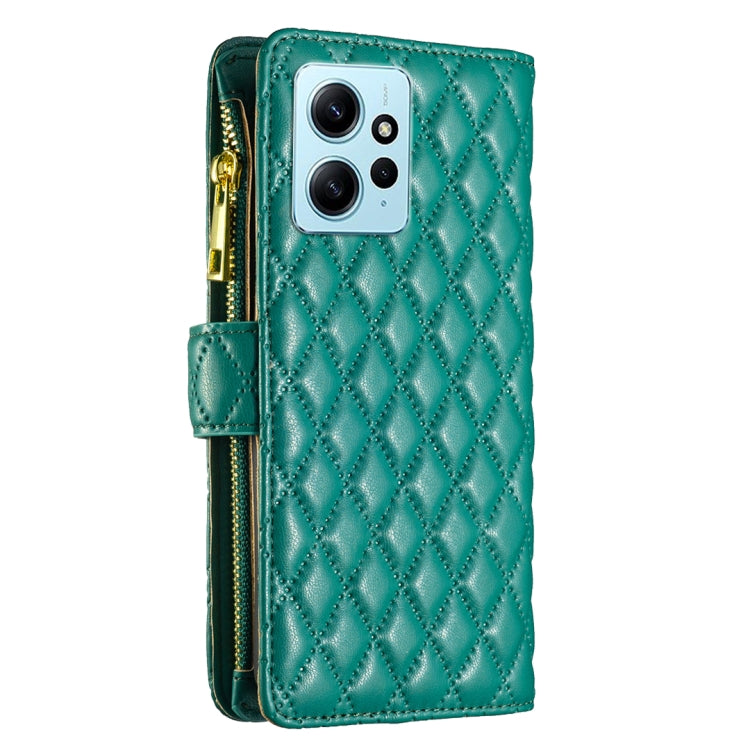 For Xiaomi Redmi Note 12 4G Global Diamond Lattice Zipper Wallet Leather Flip Phone Case(Green) - Note 12 Cases by buy2fix | Online Shopping UK | buy2fix