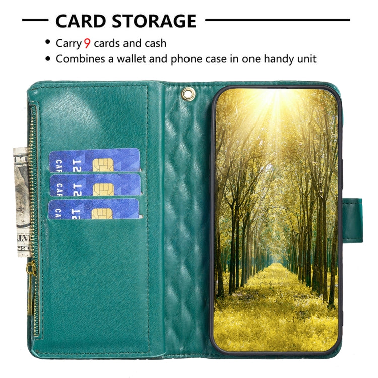 For Xiaomi Redmi Note 12 4G Global Diamond Lattice Zipper Wallet Leather Flip Phone Case(Green) - Note 12 Cases by buy2fix | Online Shopping UK | buy2fix