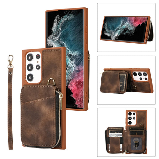 Pour Samsung Galaxy S22 Ultra 5G Zipper Card Bag Couverture arrière Étui de téléphone (Marron)