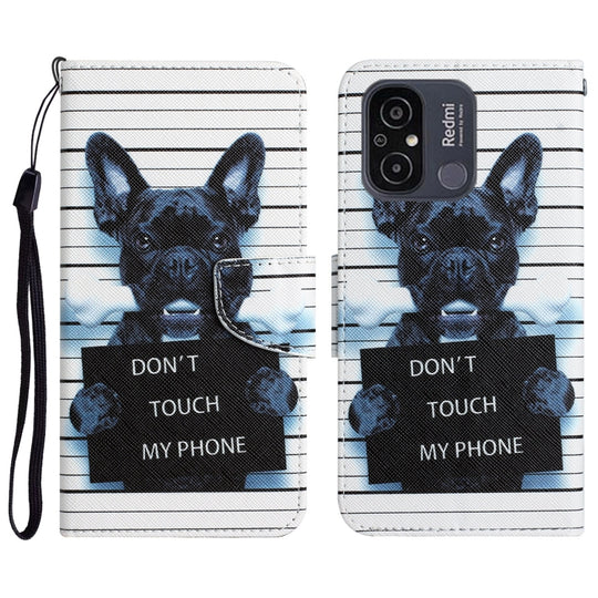 For Xiaomi Redmi 12C Colored Drawing Leather Phone Case(Black Dog)