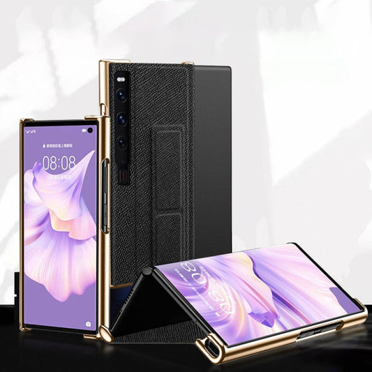 For Huawei Mate Xs 2 Electroplated Cross Pattern Leather All-inclusive Phone Case with Stand(Night Green Black) by buy2fix