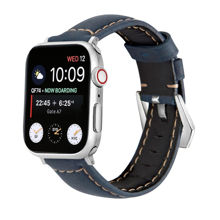 For Apple Watch Ultra 49mm&Watch Ultra 2 49mm / Series 9&8&7 45mm / SE 3&SE 2&6&SE&5&4 44mm / 3&2&1 42mm Silver Buckle Genuine Leather Watch Band(Frosted Blue) by buy2fix