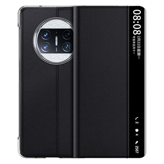 Pour Huawei Mate X3 Étui de téléphone magnétique uni avec fenêtre et support Smart View (Noir)