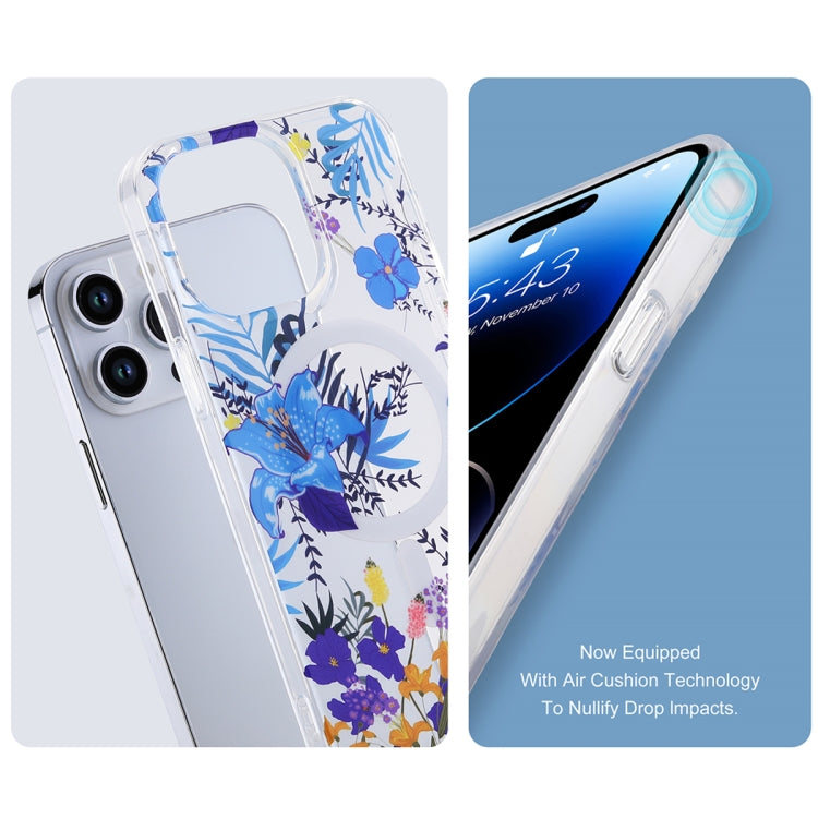 For iPhone 13 Transparent Double Sided Magsafe Phone Case(Sky Blue Flower) - iPhone 13 Cases by buy2fix | Online Shopping UK | buy2fix