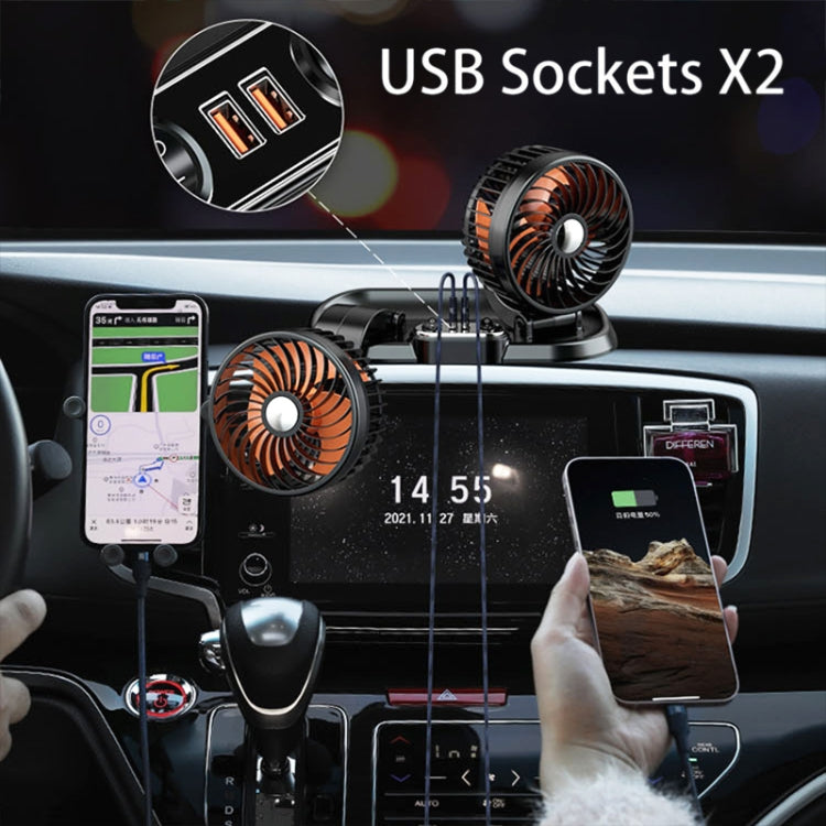 F622U Car Creative Folding Rotatable Double Head Electric Cooling Fan with Dual USB Charging Port, Style:12V Cigarette Lighter - In Car by buy2fix | Online Shopping UK | buy2fix