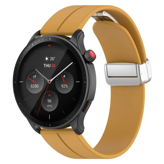 For Amazfit GTR 4 Magnetic Fold Clasp Silver Buckle Silicone Watch Band(Yellow)