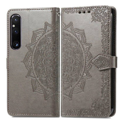 For Sony Xperia 1 IV Mandala Flower Embossed Leather Phone Case(Grey) - Sony Cases by buy2fix | Online Shopping UK | buy2fix