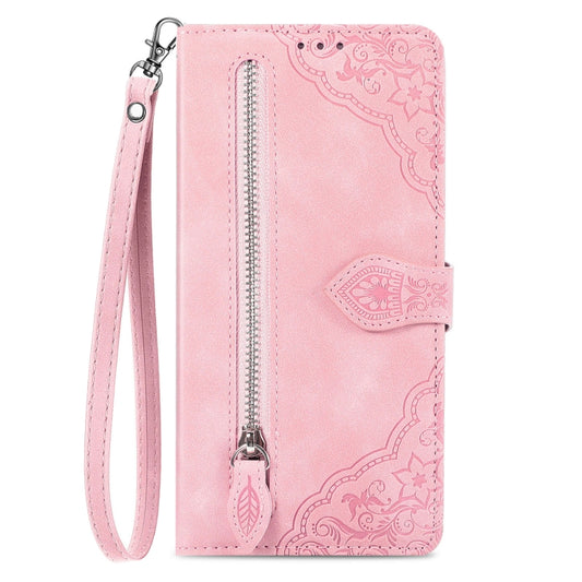 For Honor Magic5 Pro Embossed Flower Zipper Leather Phone Case(Pink) by buy2fix