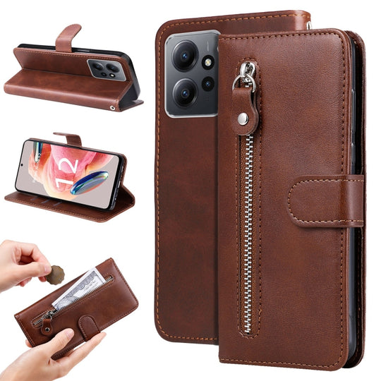 Pour Xiaomi Redmi Note 12 4G Global Calf Texture Zipper Leather Phone Case (Marron)