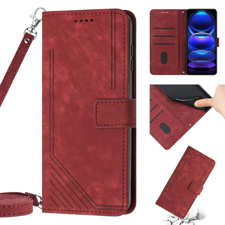 For Xiaomi Redmi 9C / 10A  / Poco C31 Skin Feel Stripe Pattern Leather Phone Case with Lanyard(Red) - Xiaomi Cases by buy2fix | Online Shopping UK | buy2fix