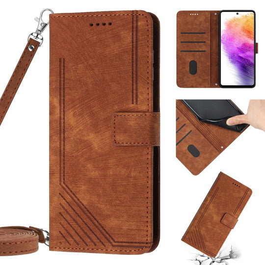 For Samsung Galaxy A12 4G / M12 / F12 4G Skin Feel Stripe Pattern Leather Phone Case with Lanyard(Brown)