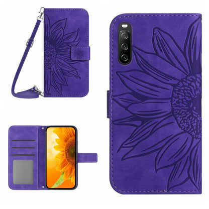 For Sony Xperia 10 V HT04 Skin Feel Sun Flower Embossed Flip Leather Phone Case with Lanyard(Dark Purple) - Sony Cases by buy2fix | Online Shopping UK | buy2fix