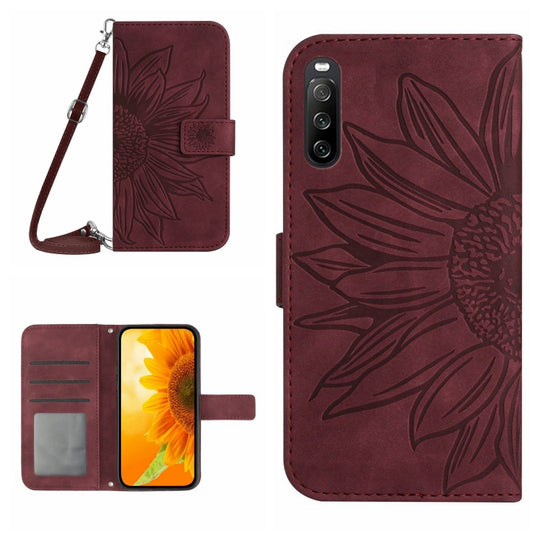 Pour Sony Xperia 10 V HT04 Skin Feel Sun Flower Étui de téléphone en cuir à rabat en relief avec lanière (vin rouge)