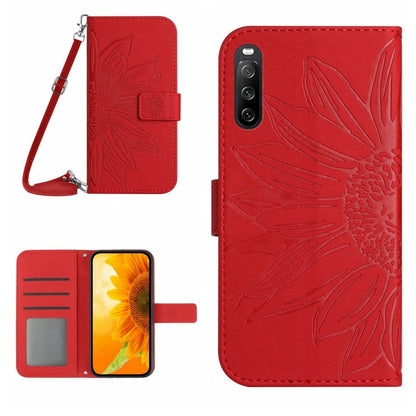 For Sony Xperia 10 V HT04 Skin Feel Sun Flower Embossed Flip Leather Phone Case with Lanyard(Red) - Sony Cases by buy2fix | Online Shopping UK | buy2fix