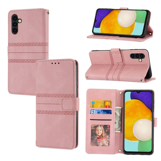 For Samsung Galaxy A14 5G Embossed Stripes Skin Feel Leather Phone Case(Pink) - Galaxy Phone Cases by buy2fix | Online Shopping UK | buy2fix