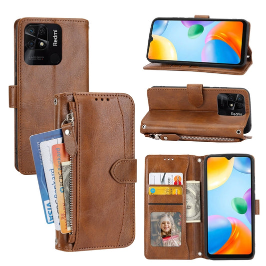 For Xiaomi Redmi 12C Oil Skin Zipper Wallet Leather Phone Case(Brown) - Xiaomi Cases by buy2fix | Online Shopping UK | buy2fix