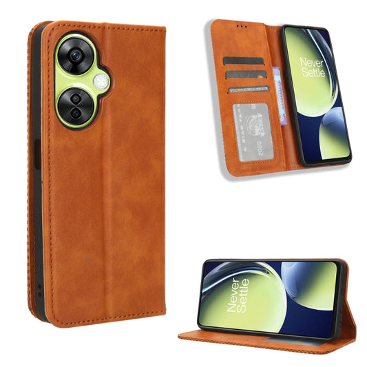 For OnePlus Nord CE 3 Lite Magnetic Buckle Retro Texture Leather Phone Case(Brown) - OnePlus Cases by buy2fix | Online Shopping UK | buy2fix