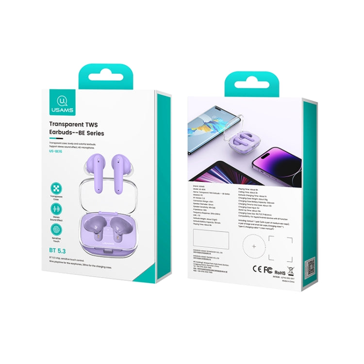 USAMS BE16 Ice Tray Series Transparent TWS In-Ear Wireless Bluetooth Earphone(Purple) - TWS Earphone by USAMS | Online Shopping UK | buy2fix