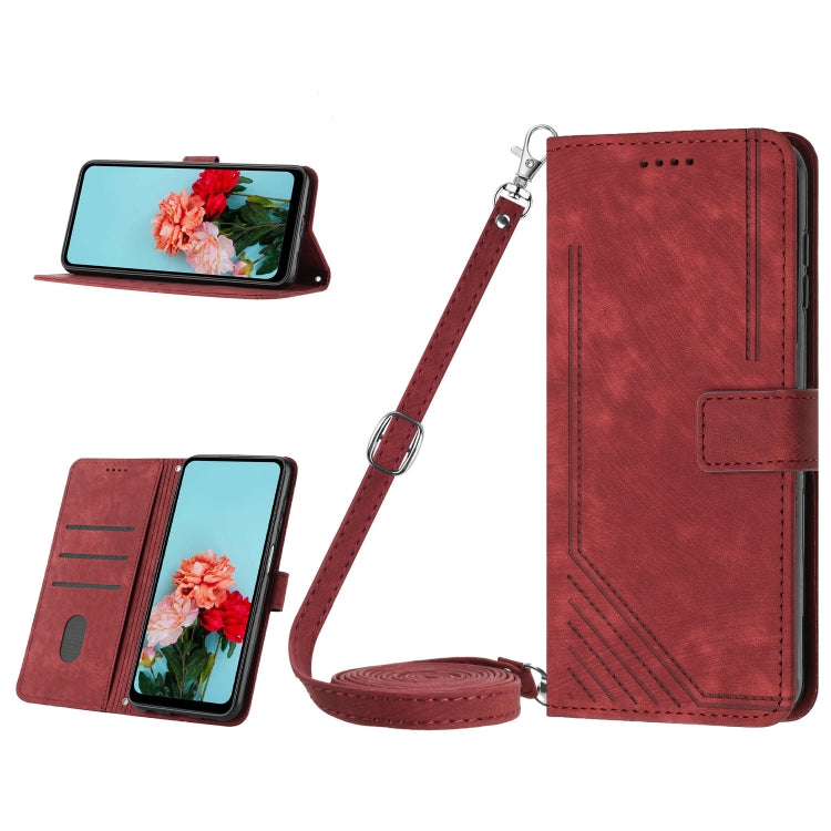 For Tecno Spark 10 Pro Skin Feel Stripe Pattern Leather Phone Case with Lanyard(Red) by buy2fix