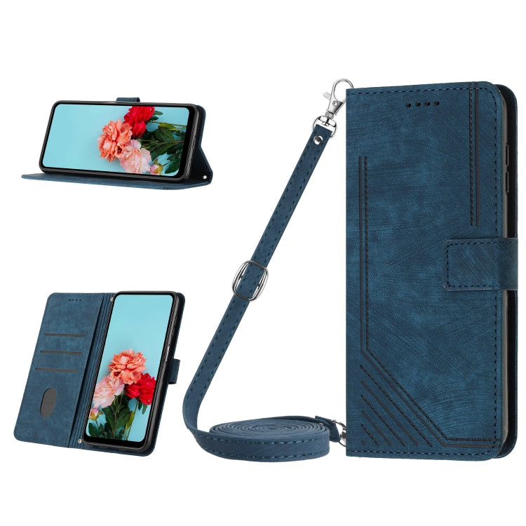 For Tecno Spark 10 Pro Skin Feel Stripe Pattern Leather Phone Case with Lanyard(Blue) by buy2fix