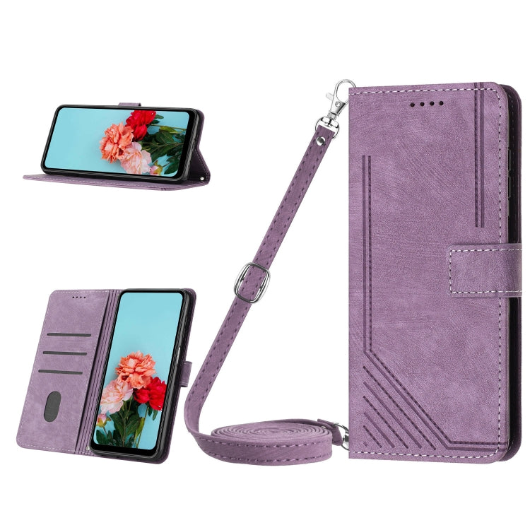 For Tecno Spark 10 Pro Skin Feel Stripe Pattern Leather Phone Case with Lanyard(Purple) by buy2fix