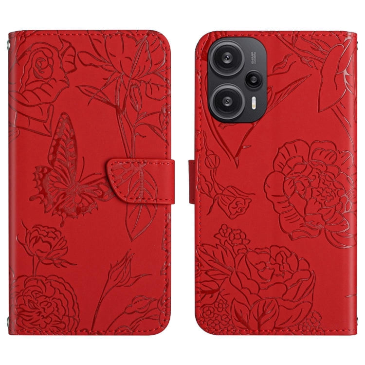 For Xiaomi Poco F5 HT03 Skin Feel Butterfly Embossed Flip Leather Phone Case(Red) - Xiaomi Cases by buy2fix | Online Shopping UK | buy2fix