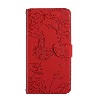 For Xiaomi Poco F5 HT03 Skin Feel Butterfly Embossed Flip Leather Phone Case(Red) - Xiaomi Cases by buy2fix | Online Shopping UK | buy2fix