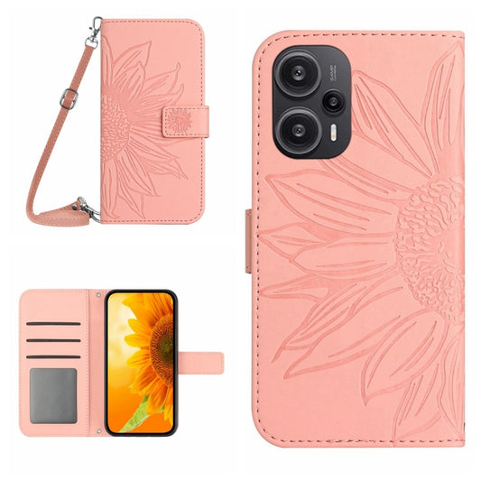 For Xiaomi Poco F5 Skin Feel Sun Flower Embossed Flip Leather Phone Case with Lanyard(Pink) - Xiaomi Cases by buy2fix | Online Shopping UK | buy2fix