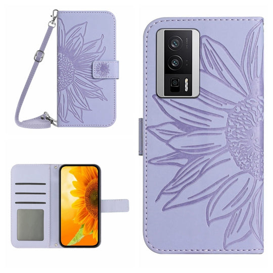 For Xiaomi Poco F5 Pro Skin Feel Sun Flower Embossed Flip Leather Phone Case with Lanyard(Purple)
