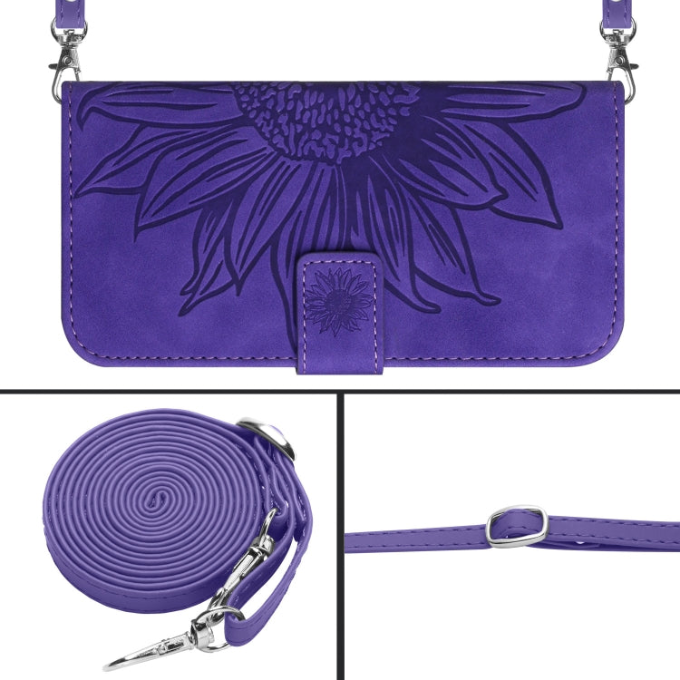 For Xiaomi Redmi 12 4G Global Skin Feel Sun Flower Embossed Flip Leather Phone Case with Lanyard(Dark Purple) - Xiaomi Cases by buy2fix | Online Shopping UK | buy2fix