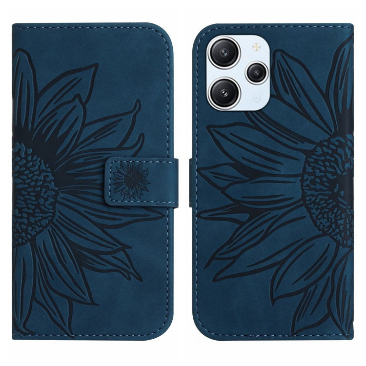 For Xiaomi Redmi 12 4G Global Skin Feel Sun Flower Embossed Flip Leather Phone Case with Lanyard(Inky Blue) - Xiaomi Cases by buy2fix | Online Shopping UK | buy2fix