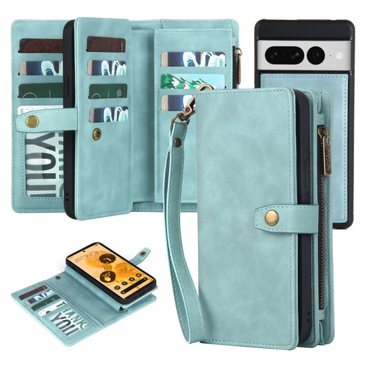 For Google Pixel 7 Pro Zipper Wallet Detachable MagSafe Leather Phone Case(Blue) - Google Cases by buy2fix | Online Shopping UK | buy2fix