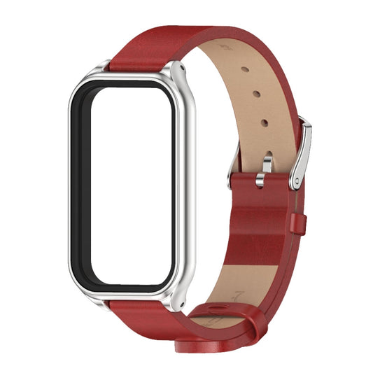 For Xiaomi Smart Band 8 Active / Redmi Band 2 Mijobs Metal Shell Microfiber PU Leather Watch Band(Red Silver) by MIJOBS