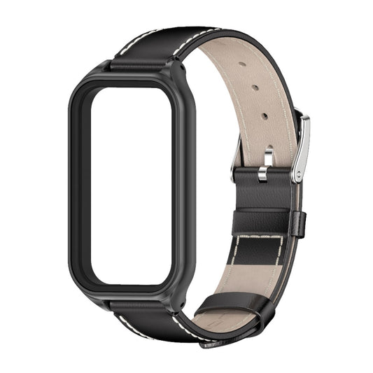 For Xiaomi Smart Band 8 Active / Redmi Band 2 Mijobs Metal Shell Genuine Leather Watch Band(Black) by MIJOBS