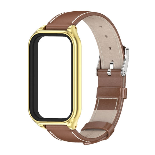 For Xiaomi Smart Band 8 Active / Redmi Band 2 Mijobs Metal Shell Genuine Leather Watch Band(Brown Gold) by MIJOBS