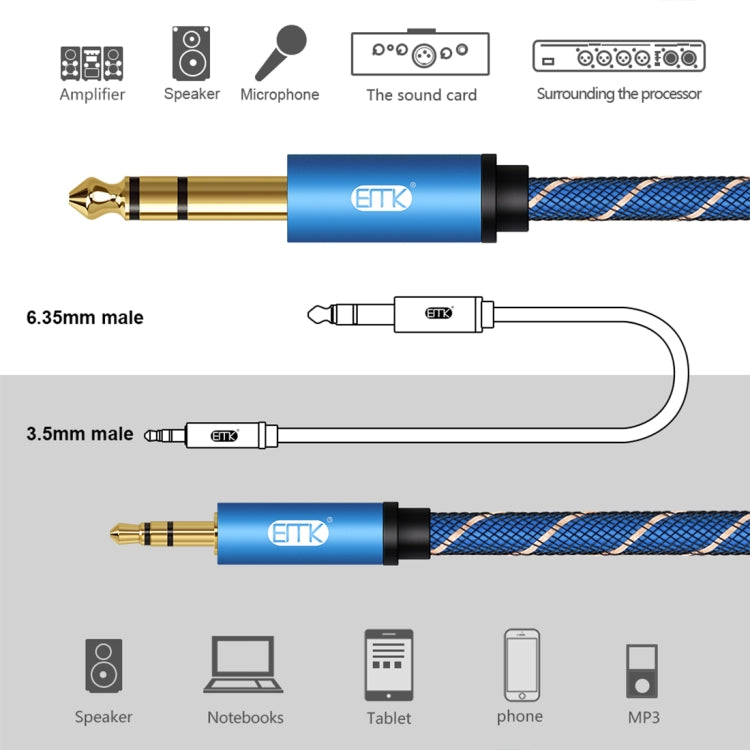 EMK 3.5mm Jack Male to 6.35mm Jack Male Gold Plated Connector Nylon Braid AUX Cable for Computer / X-BOX / PS3 / CD / DVD, Cable Length:1.5m(Dark Blue) - Audio Optical Cables by EMK | Online Shopping UK | buy2fix