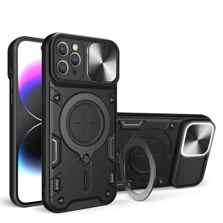 For iPhone 12 Pro CD Texture Sliding Camshield Magnetic Holder Phone Case(Black) - iPhone 12 / 12 Pro Cases by buy2fix | Online Shopping UK | buy2fix