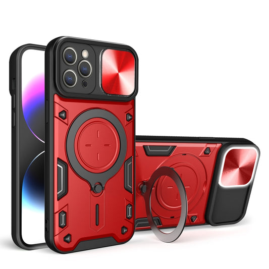 For iPhone 13 CD Texture Sliding Camshield Magnetic Holder Phone Case(Red) - iPhone 13 Cases by buy2fix | Online Shopping UK | buy2fix