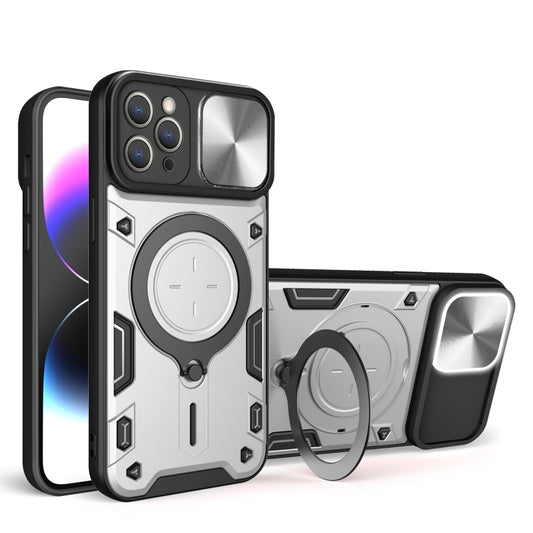 For iPhone 13 CD Texture Sliding Camshield Magnetic Holder Phone Case(Silver) - iPhone 13 Cases by buy2fix | Online Shopping UK | buy2fix