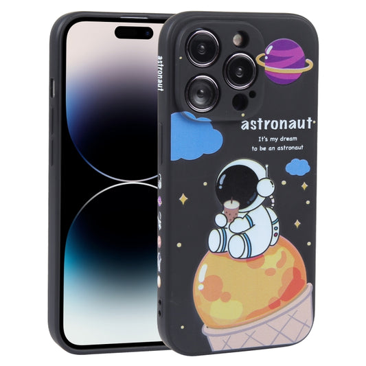 For iPhone 14 Pro Max Milk Tea Astronaut Pattern Liquid Silicone Phone Case(Ivory Black) - iPhone 14 Pro Max Cases by buy2fix | Online Shopping UK | buy2fix