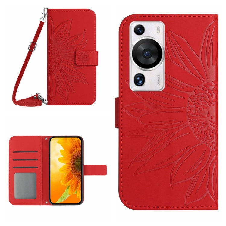 For Huawei P60 Pro Skin Feel Sun Flower Embossed Flip Leather Phone Case with Lanyard(Red) - Huawei Cases by buy2fix | Online Shopping UK | buy2fix