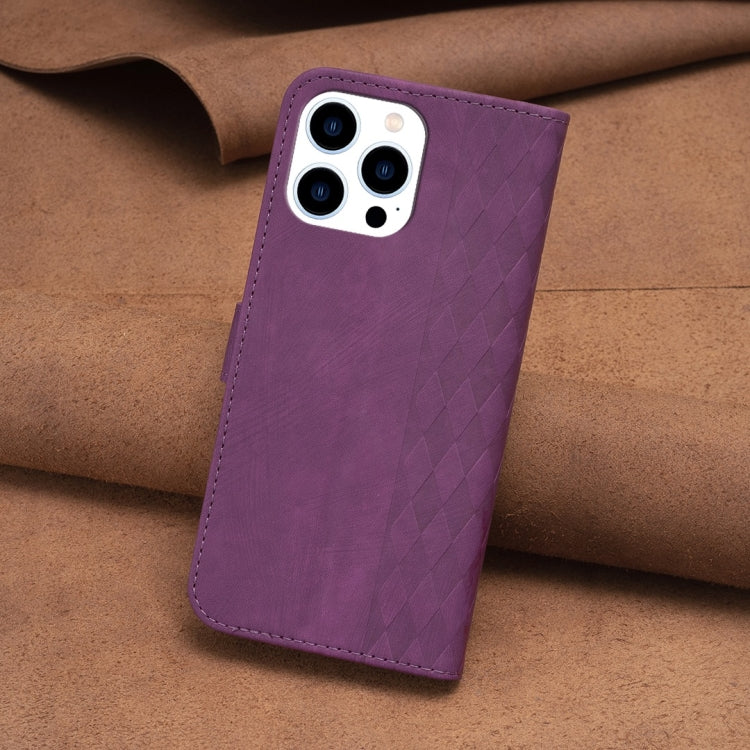 For iPhone 13 Pro Plaid Embossed Leather Phone Case(Purple) - iPhone 13 Pro Cases by buy2fix | Online Shopping UK | buy2fix