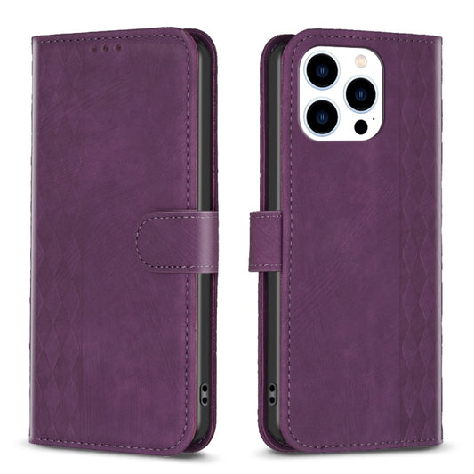 For iPhone 13 Pro Max Plaid Embossed Leather Phone Case(Purple) - iPhone 13 Pro Max Cases by buy2fix | Online Shopping UK | buy2fix