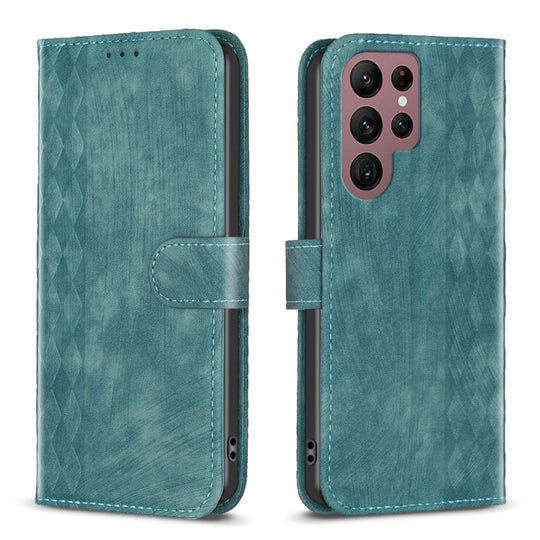 Pour Samsung Galaxy S22 Ultra 5G Étui de téléphone en cuir gaufré à carreaux (vert)