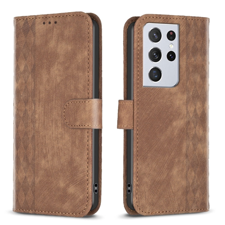 For Samsung Galaxy S21 Ultra 5G Plaid Embossed Leather Phone Case(Brown) - Galaxy S21 Ultra 5G Cases by buy2fix | Online Shopping UK | buy2fix