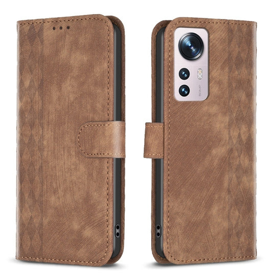 For Xiaomi 12 Plaid Embossed Leather Phone Case(Brown)