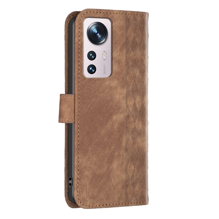 For Xiaomi 12 Plaid Embossed Leather Phone Case(Brown) by buy2fix