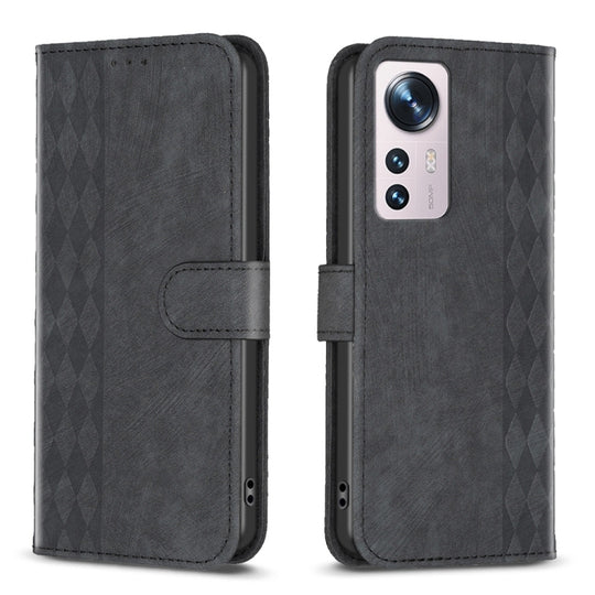 Pour Xiaomi 12 Étui de téléphone en cuir gaufré à carreaux (Noir)