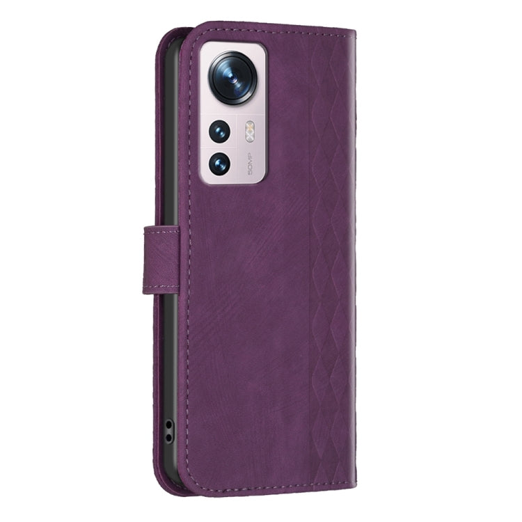 For Xiaomi 12 Plaid Embossed Leather Phone Case(Purple) - 12 Cases by buy2fix | Online Shopping UK | buy2fix